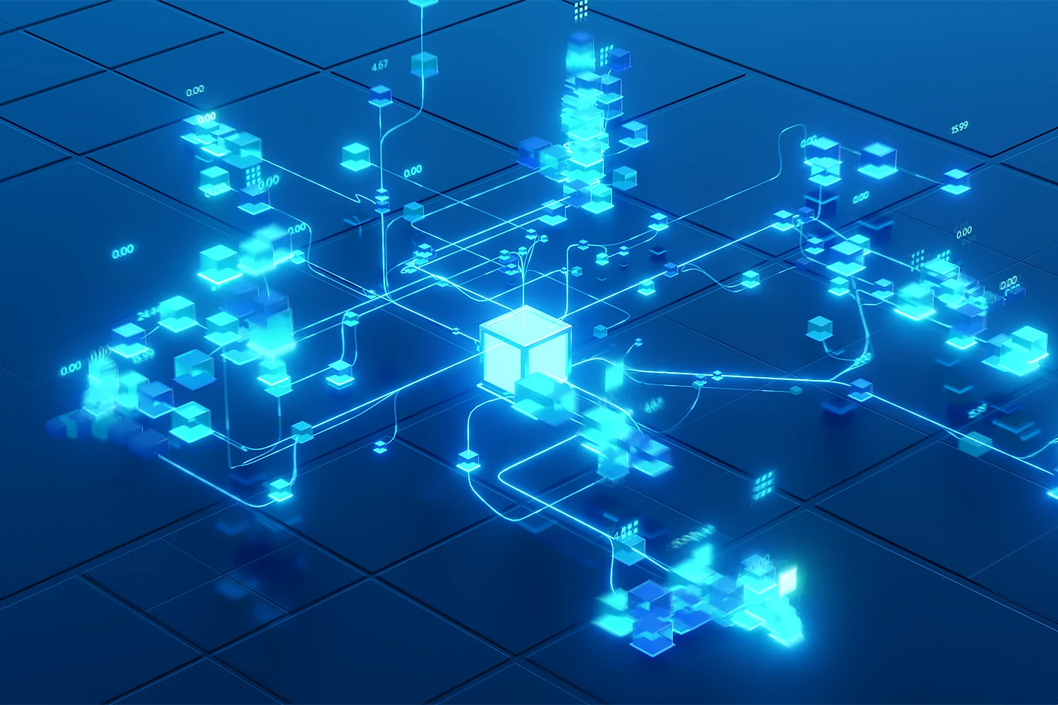 Cubes représentant des data en réseau sur un fond bleu lumineux